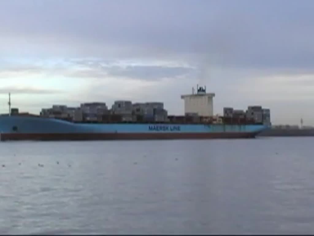 Die Gerd Maersk IMO-Nummer:9320245 Flagge:Dänemark Länge:367.0m Breite:42.0m Baujahr:2006 Bauwerft:Odense Steel Shipyard,Odense Dänemark auf der Elbe bei Lühe am 26.11.12