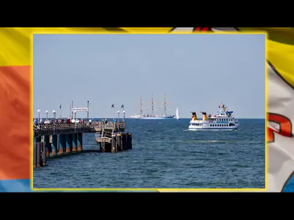 Als Tenderschiff ist die ADLER-MÖNCHGUT zwischen dem russischen Segelschulschiff MIR und der Seebrücke in Binz im Einsatz.-07.06.2016
