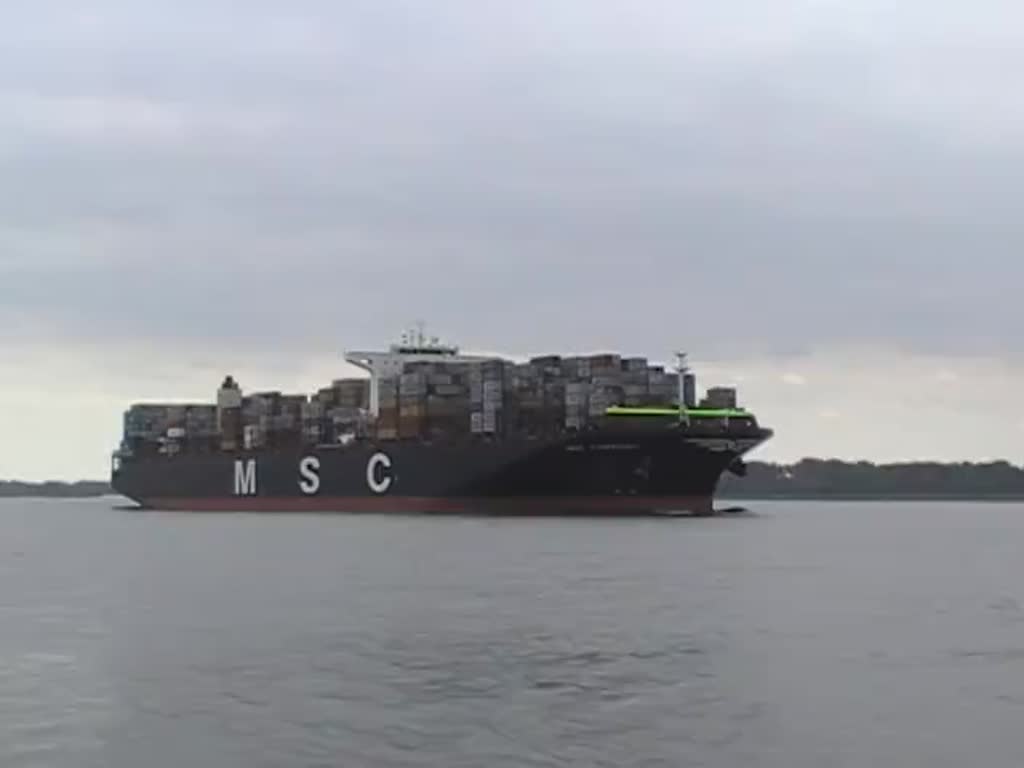 Die aus Hamburg auslaufende MSC Hamburg IMO-Nummer:9647461 Flagge:Panama Länge:399.0m Breite:53.0m Baujahr:2015 am 27.06.16 am Willkomm-Höft in Wedel aufgenommen.